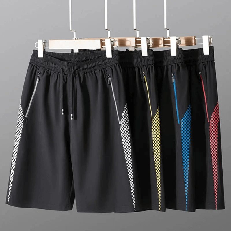 Men's Quick-Dry Gym Shorts With Zip Pockets, polyester, bordered pattern, mid waist, safe storage, perfect for active lifestyle
